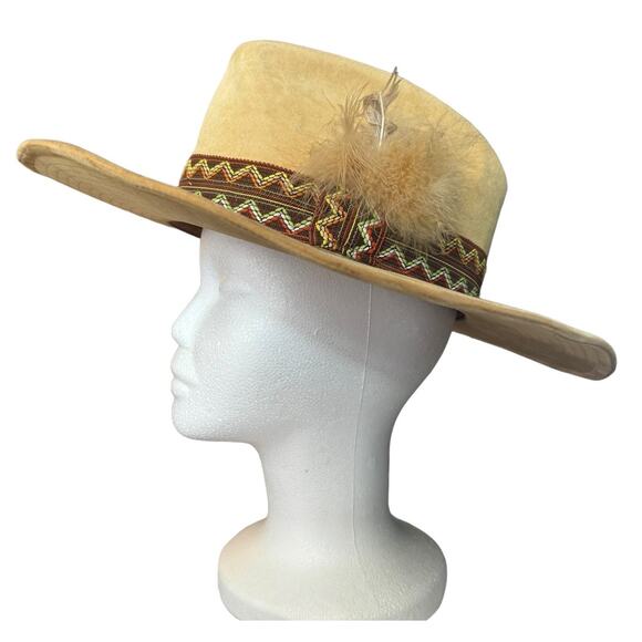 Vintage Boot Hill Western Tan Hat colored trim & feather Lg. 7 1/4 - 7 3/8